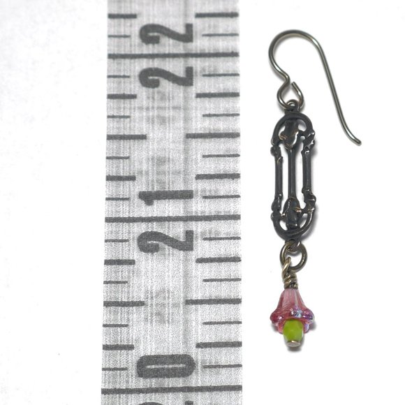 Hand Crafted Handmade Earrings Arts & Crafts Style Brass Pink Bell Flowe… - Picture 4 of 5